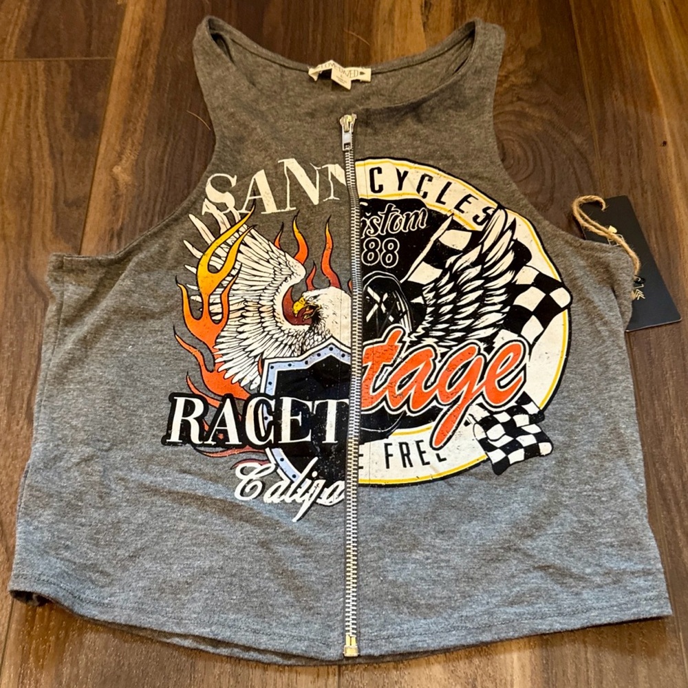 Motorcycle/Racing Graphic Zip-Front Racer Crop Top Grey Size L